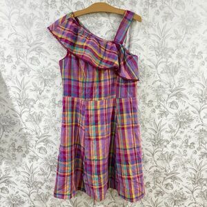 Isaac Mizrahi Live Madras Plaid One Shoulder Ruffle Dress Pink Multicolor Sz 12